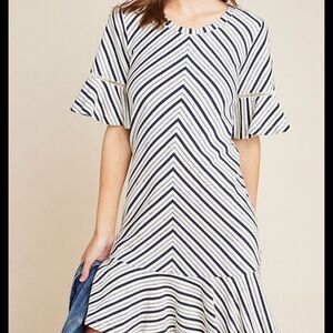 NWT Anthropologie Blue Ivory Chevron Shift Dress